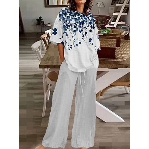 

Women's Loungewear Sets Nighty 2 Pieces Flower Comfort Sweet Home Daily Polyester Crew Neck Half Sleeve Spring Summer Pink Yellow