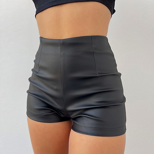

Women's Shorts PU Black Mid Waist Fashion Casual Weekend Micro-elastic Short Comfort Plain M L XL