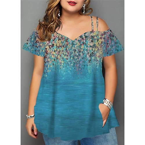 

Women's Plus Size Tops Blouse Shirt Floral Color Gradient Cut Out Pocket Short Sleeve V Neck Streetwear Daily Back to School Polyester Spring Summer Green Blue / Print