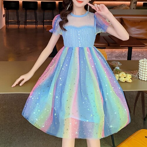 

Kids Little Girls' Dress Rainbow A Line Dress Party Sequins Ruched Mesh Rainbow Midi Short Sleeve Princess Cute Dresses Spring Summer Regular Fit 3-12 Years / Print