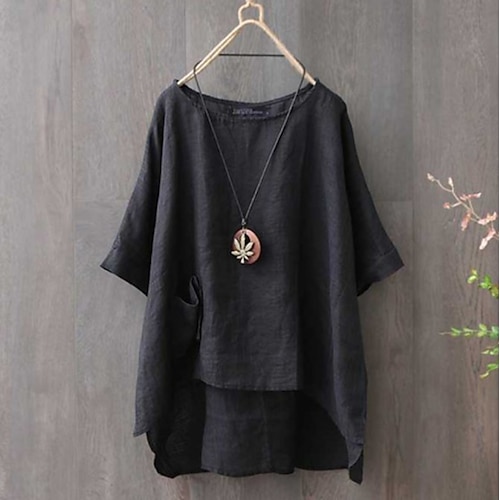 

Women's Shirt Blouse Black Army Green Red Plain Pocket Asymmetric Half Sleeve Daily Weekend Streetwear Casual Round Neck Regular Linen S