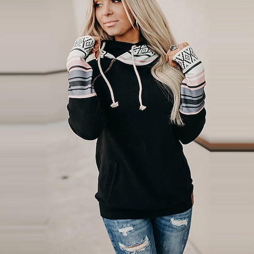 

Women's Pullover Hoodie Sweatshirt Color Block Print Daily Sports Active Streetwear Hoodies Sweatshirts Black And White Black Gray