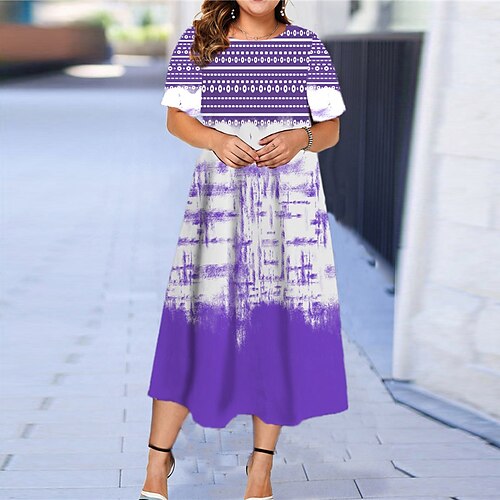 

Women's Plus Size Casual Dress Geometric Crew Neck Print Short Sleeve Spring Summer Casual Maxi long Dress Daily Going out Dress