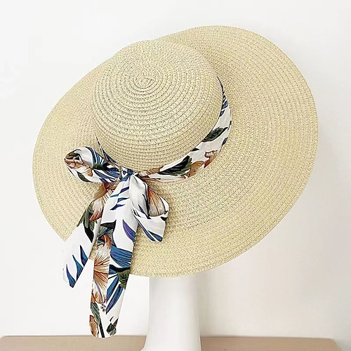 

1pcs Foldable Wide Brim Floppy Girls Straw Hat with Ribbon Sun Hat Beach Women Summer Hat UV Protect Travel Cap Lady Cap 12cm Brim