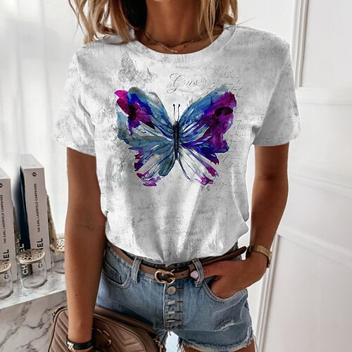 

Women's T shirt Tee Green Blue Red Butterfly Print Short Sleeve Casual Holiday Basic Round Neck Regular Butterfly Painting S / 3D Print