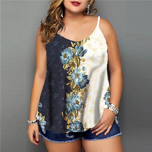 

Women's Plus Size Curve Tops Camisole Floral Graphic Patterned Backless Print Sleeveless Strap Streetwear Preppy Daily Going out Polyester Spring Summer Blue Purple