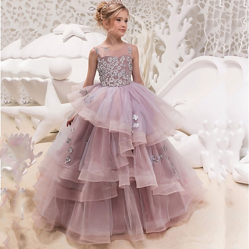 

Party Birthday Princess Flower Girl Dresses Jewel Neck Maxi Lace Organza Spring Summer with Lace Appliques Cute Girls' Party Dress Fit 3-16 Years