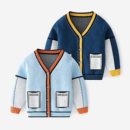 

Kids Boys Cardigan Color Block School Long Sleeve V Neck Active Cotton 2-8 Years Fall Navy Blue Light Blue