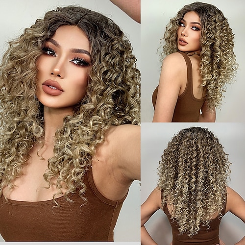 

HAIRCUBE Ombre Brown/Wine/Auburn/Golden/Black Lace Front Wig Long Afro Curly 1341 T Part Kanekalon Lace Wig With Baby Hair for Black Woman 180% Density