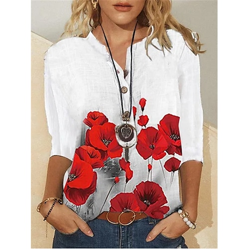 

Women's Floral Casual Daily Holiday Blouse Shirt 3/4 Length Sleeve Patchwork Button Print V Neck Casual Tops White S / 3D Print