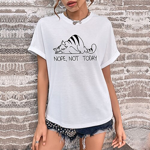 

Mujer Camiseta Blanco Gato Texto Estampado Manga Corta Casual Fin de semana Básico Escote Redondo Regular Gato Pintura S