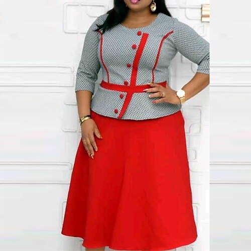 

Women's Plus Size Holiday Dress Plaid Crew Neck Print 3/4 Length Sleeve Spring Fall Work Knee Length Dress Daily Going out Dress