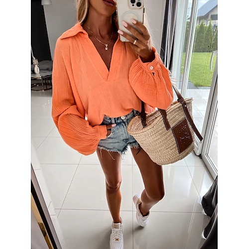 

Women's Plain Daily Blouse Shirt Long Sleeve Patchwork Shirt Collar Casual Tops White Pink Khaki S
