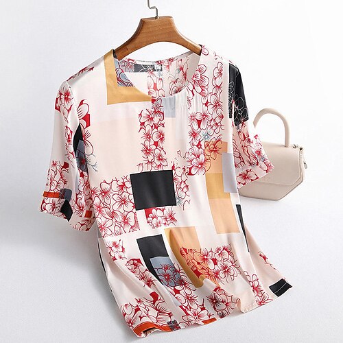 

Women's Plus Size Tops T shirt Tee Floral Color Block Print Short Sleeve Crewneck Streetwear Daily Going out Polyester Spring Summer Black Red