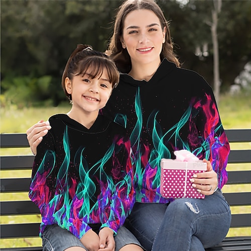 

Mommy and Me Hoodie Optical Illusion Sports Outdoor Print Black Long Sleeve Active Matching Outfits
