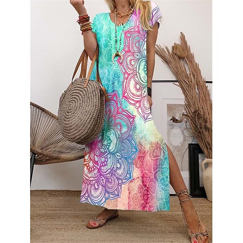 

Women's Shift Dress Maxi long Dress Rainbow Short Sleeve Floral Split Print Spring Summer V Neck Casual Vacation 2022 S M L XL XXL 3XL