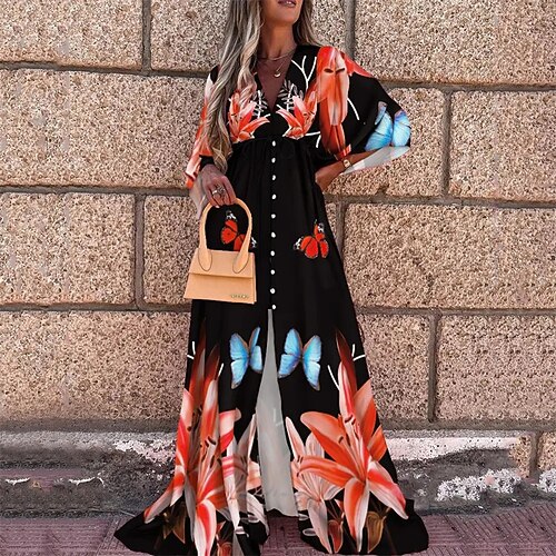

Women's Swing Dress Maxi long Dress Black Half Sleeve Floral Split Button Print Spring Summer V Neck Casual Vacation 2022 S M L XL XXL