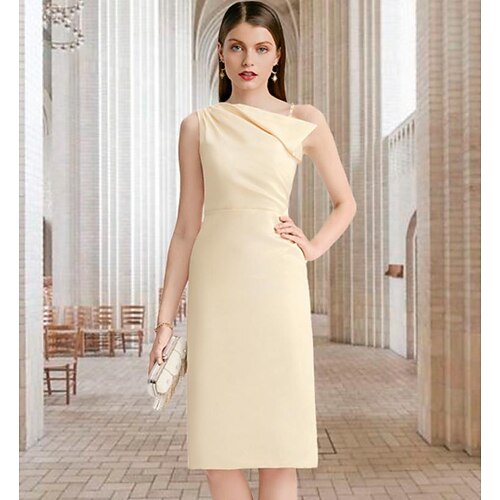 

Sheath / Column Mother of the Bride Dress Elegant Sweet One Shoulder Spaghetti Strap Knee Length Chiffon Sleeveless with Side-Draped 2022