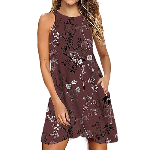 

Women's Casual Dress Shift Dress Mini Dress Blue Purple Wine Sleeveless Floral Pocket Spring Summer Halter Neck 2022 S M L XL XXL 3XL