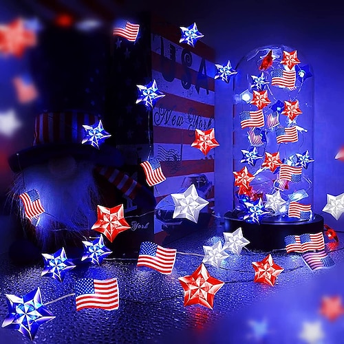 

4th of July Decorations Lights 13ft 40LEDs Red White Bule Stars and American Flag String Lights 8 Modes Waterproof Fairy Lights with Remote for Independence Day Memorial Day Patriotic Decor