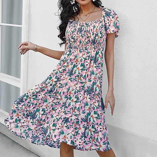 

Mulheres Vestido Swing Vestido Boho Verde Azul Rosa Manga Curta Floral Franzido Primavera Verão Decote Quadrado Delgado 2022 S M L XL