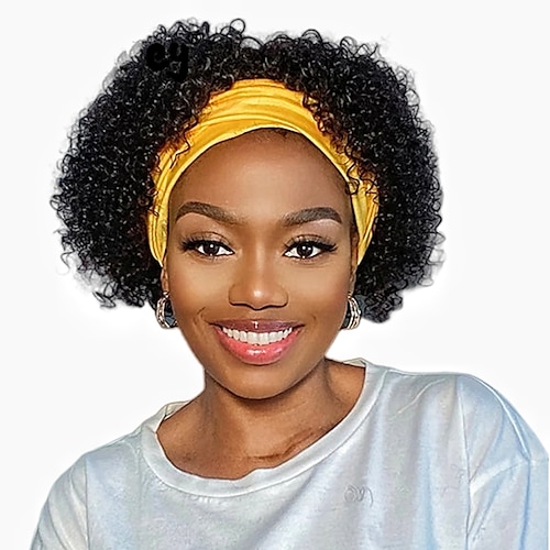 

Human Hair Wig Short Jerry Curl With Headband Natural Black Adjustable Natural Hairline Machine Made Capless Mongolian Hair All Natural Black #1B 6 inch Daily Wear Party & Evening