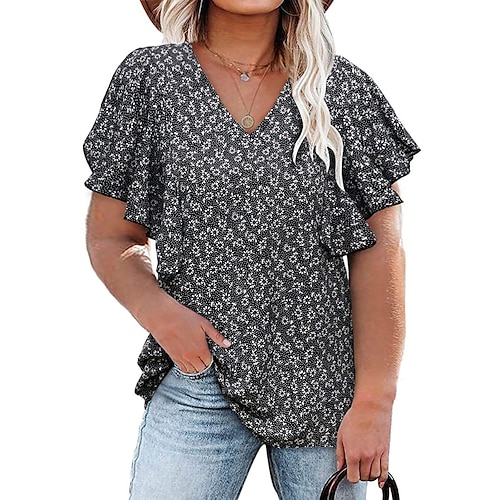 

Women's Plus Size Tops Blouse Shirt Floral Leopard Print Short Sleeve V Neck Streetwear Daily Weekend Polyester Spring Summer Black Blue