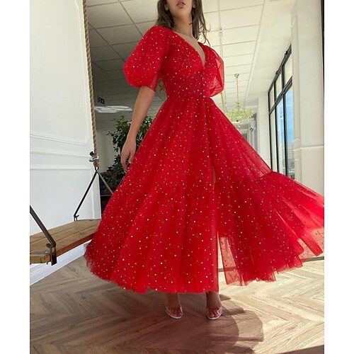 

A-Line Cocktail Dresses Glittering Dress Party Wear Ankle Length Half Sleeve V Neck Tulle with Buttons Sequin Slit 2022 / Prom