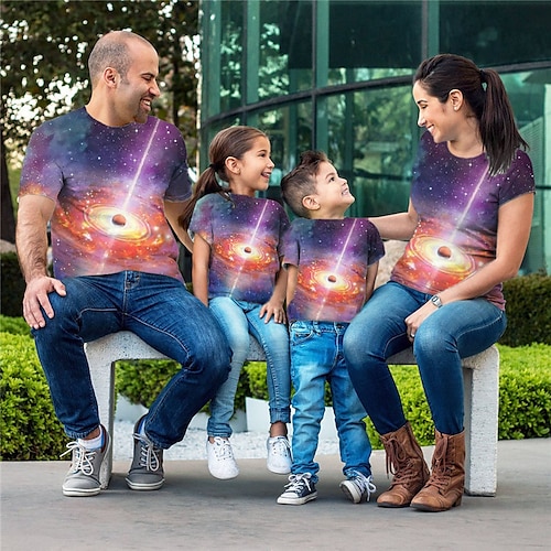 

Family Look Hoodie Galaxy Optical Illusion Street Print Green Purple Long Sleeve Active Matching Outfits