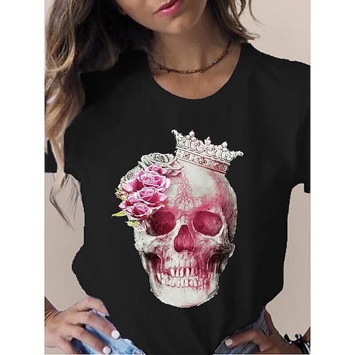 

Women's T shirt Tee Black White Pink Floral Skull Print Short Sleeve Casual Weekend Basic Round Neck Regular Painting S