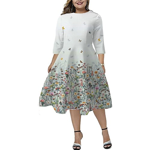 

Women's Plus Size Holiday Dress Floral Crew Neck Print 3/4 Length Sleeve Spring Fall Work Midi Dress Daily Vacation Dress