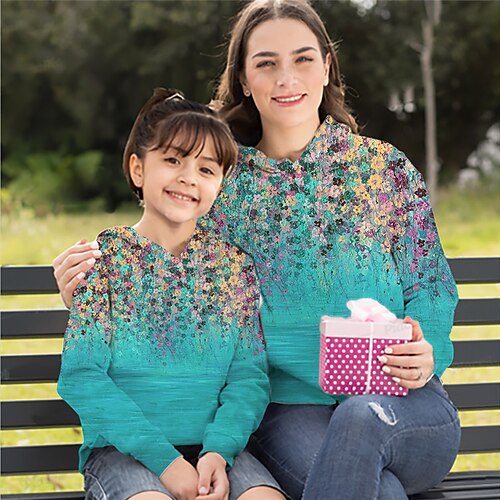 

Mommy and Me Hoodie Floral Sports Outdoor Print Green Blue Long Sleeve Active Matching Outfits