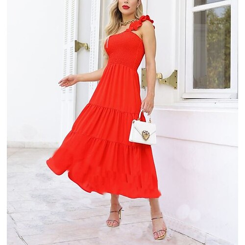 

Women's Swing Dress Maxi long Dress Red Sleeveless Pure Color Pleated Ruffle Summer Spaghetti Strap Strapless Vacation 2022 S M L XL