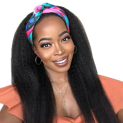 

Long Kinky Straight Headband Human Hair Wigs For African American Women Natural Black 24 Inch Kanekalon Brazilian Hair Afro Wig