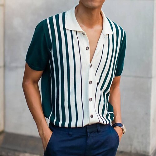 

Men's Shirt Print Striped Turndown Daily Holiday Button-Down Short Sleeve Tops Fashion Chunky Comfortable Gentleman Green / White