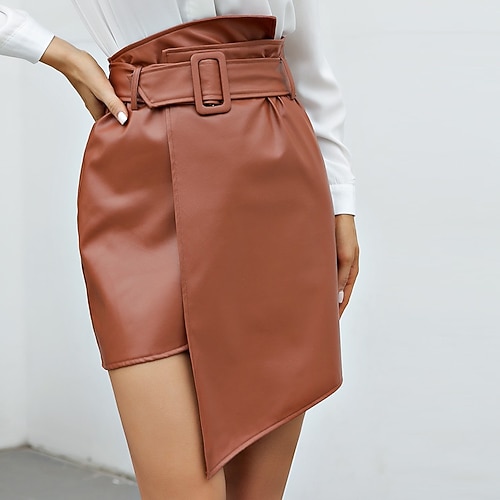 

Women's Skirt Asymmetrical PU Brown Skirts Summer Split Fashion Office / Career Daily S M L