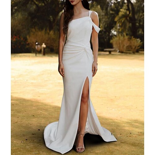 

Mermaid / Trumpet Wedding Dresses One Shoulder Court Train Stretch Fabric Sleeveless Simple Sexy Backless with Split Front Side-Draped 2022