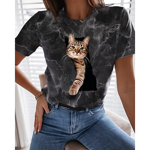 

Women's T shirt Tee Green Purple Brown Cat 3D Print Short Sleeve Casual Weekend Basic Round Neck Regular 3D Cat Painting S