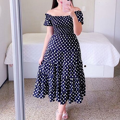 

Women's Casual Dress Swing Dress PolkaDotDress Midi Dress Black And White Black Blue Short Sleeve Floral Ruched Spring Summer Off Shoulder Weekend 2022 S M L XL XXL 3XL