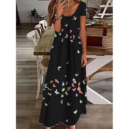 

robe longue Femme Robe casual Manche Courte Printemps Eté - Vacances Elégant Casual Poche Imprimer Animal Papillon Col V 2023 Moins de 10 Noir Bleu S M L XL XXL 3XL