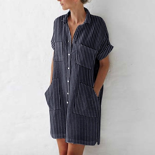 

Women's Shirt Dress Linen Dress Shift Dress Midi Dress Dark Blue White Short Sleeve Striped Button Spring Summer Shirt Collar Mature Weekend Loose Fit 2022 S M L XL XXL