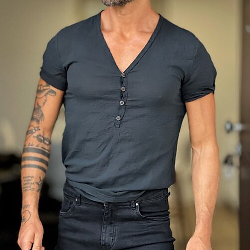 

Men's Shirt Solid Color V Neck Street Casual Button-Down Short Sleeve Tops Casual Fashion Breathable Comfortable Black / Summer