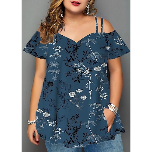 

Women's Plus Size Tops Blouse Shirt Floral Cut Out Pocket Short Sleeve V Neck Streetwear Daily Back to School Polyester Spring Summer Green Blue / Print