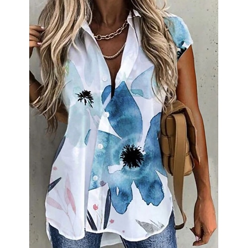 

Women's Blouse Shirt White Floral Button Print Short Sleeve Daily Holiday Streetwear Casual Shirt Collar Regular Floral S / 3D Print