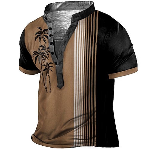 

Men's Henley Shirt Tee T shirt Tee 3D Print Striped Graphic Patterned Tree Plus Size Stand Collar Daily Sports Button-Down Print Short Sleeve Tops Designer Basic Casual Big and Tall Brown / Summer