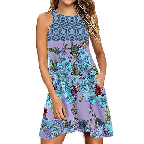 

Women's Shift Dress Short Mini Dress Green Blue Purple Royal Blue Brown Sleeveless Floral Pocket Print Spring Summer Halter Neck Casual Vacation 2022 S M L XL XXL 3XL
