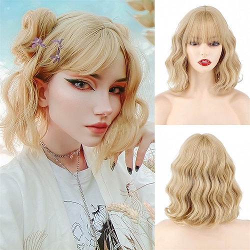 

Short Blonde Wig with BangsWavy Bob Blonde Wig for WomenBlonde Short Curly Wig for Cosplay and Party