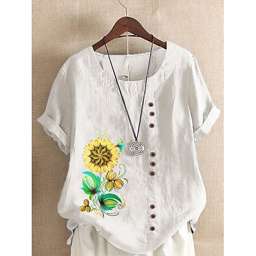 

Women's Floral Daisy Daily Holiday Weekend Shirt Short Sleeve Button Print Round Neck Tops Loose Green White Blue S