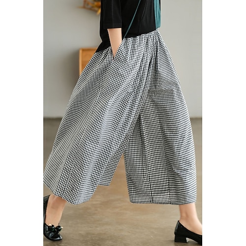 

Women's Culottes Wide Leg Chinos Pants Trousers Linen / Cotton Blend Black / White Blue Coffee Mid Waist Fashion Casual Weekend Side Pockets Ankle-Length Comfort Plaid Checkered M L XL XXL