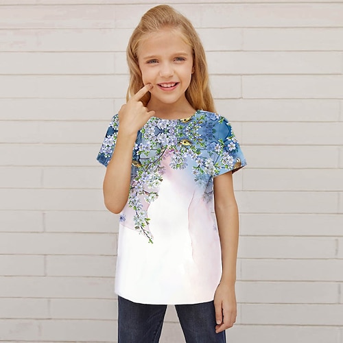 

Kids Girls' T shirt Floral Outdoor 3D Print Short Sleeve Crewneck Active 3-12 Years Spring Green Blue White